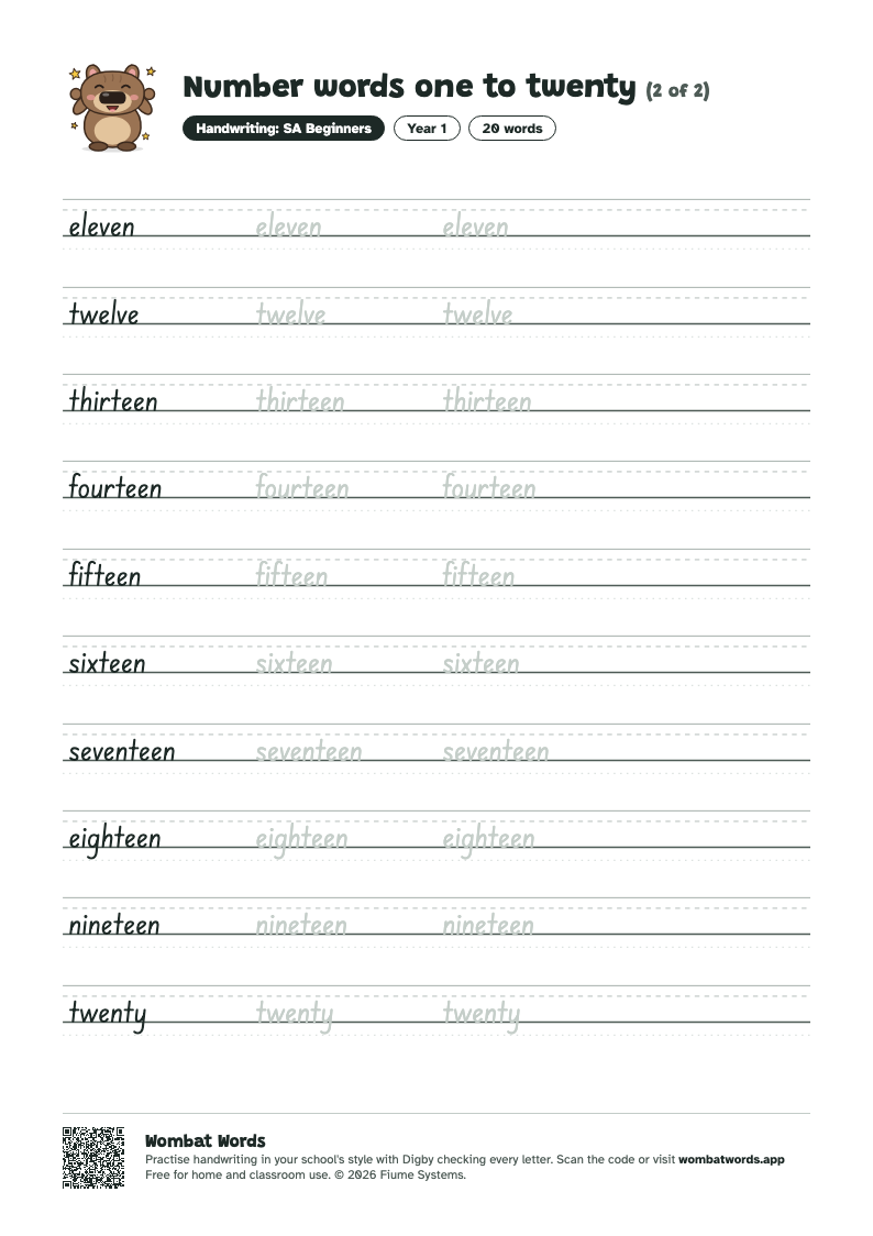 Page 2 of the Number words one to twenty worksheet