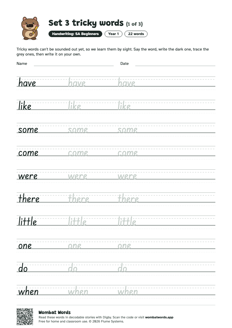 Set 3 tricky words worksheet in SA Beginners handwriting
