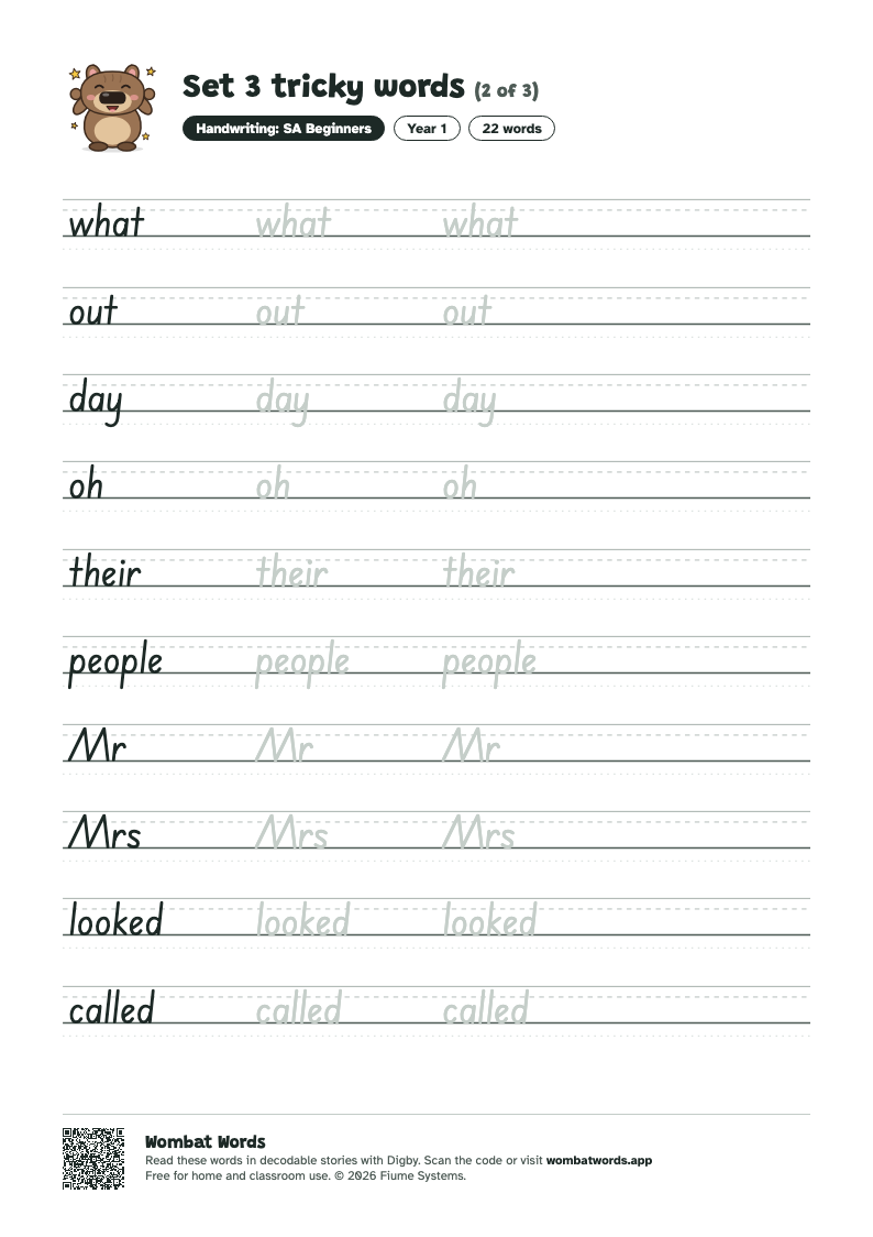 Page 2 of the Set 3 tricky words worksheet