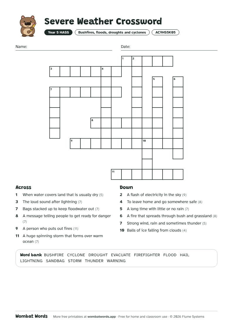 Severe Weather crossword puzzle with across and down clues and a word bank