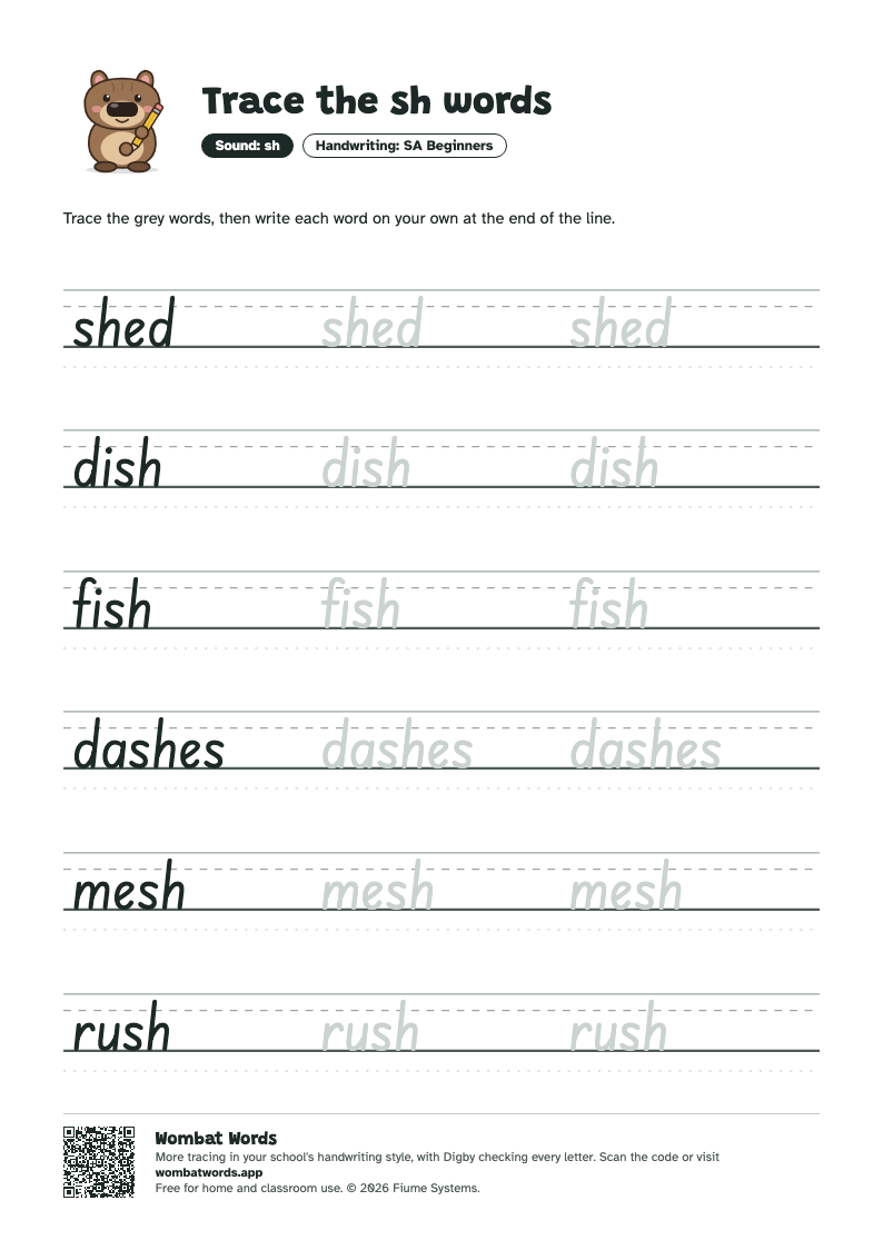 Page 2: SA Beginners tracing sheet with the words shed, dish, fish, dashes, mesh, rush