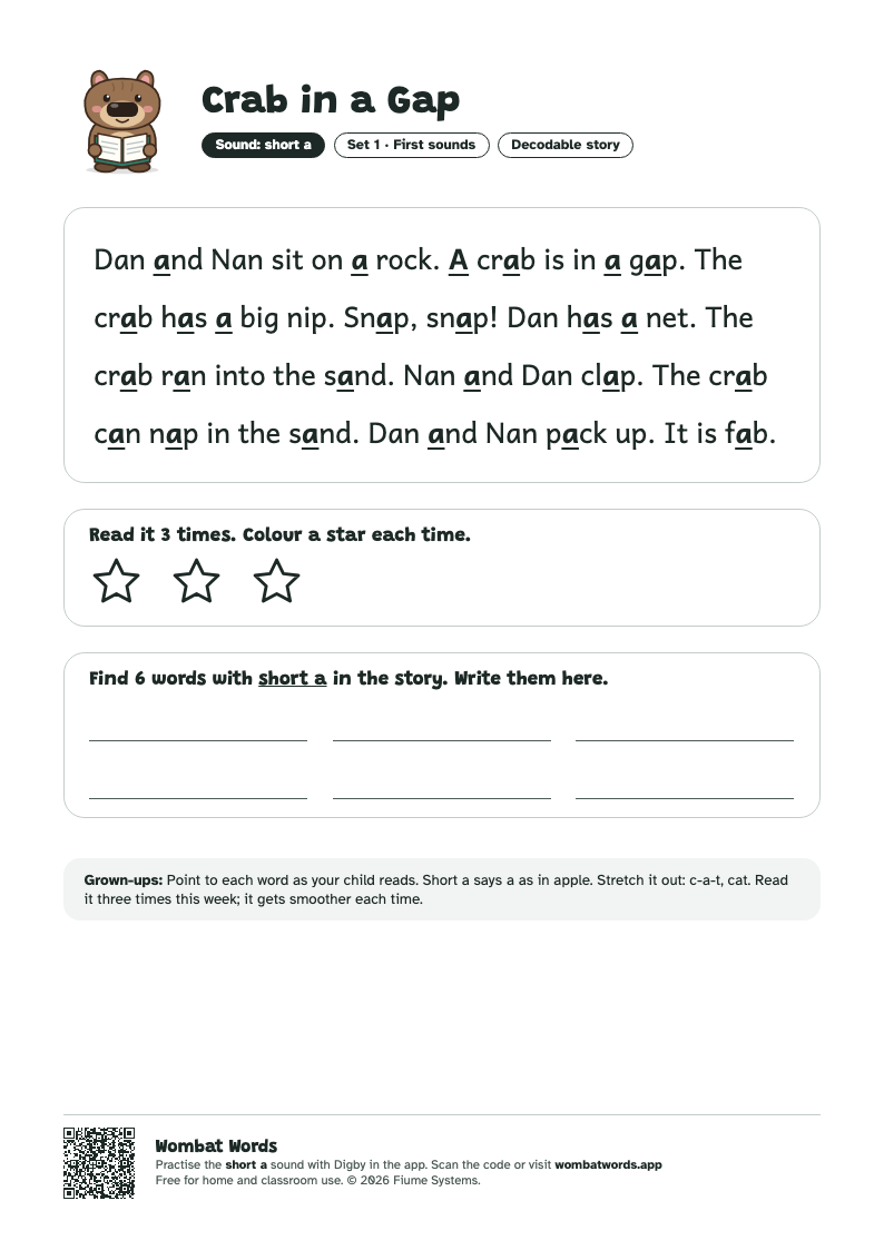 Crab in a Gap: short a decodable story printable