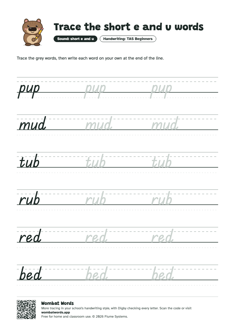 Page 2: TAS Beginners tracing sheet with the words pup, mud, tub, rub, red, bed
