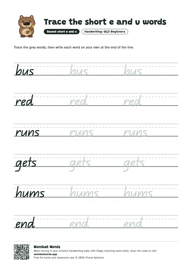 Page 2: QLD Beginners tracing sheet with the words bus, red, runs, gets, hums, end