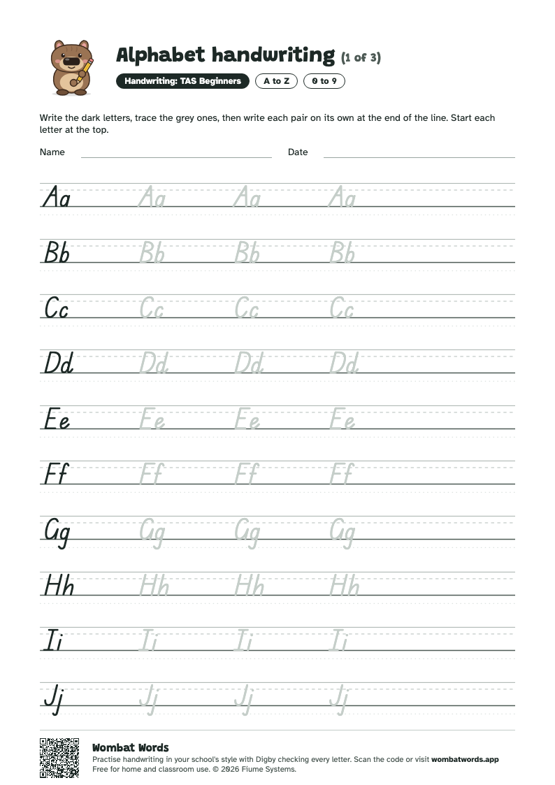Alphabet handwriting worksheet in TAS Beginners handwriting