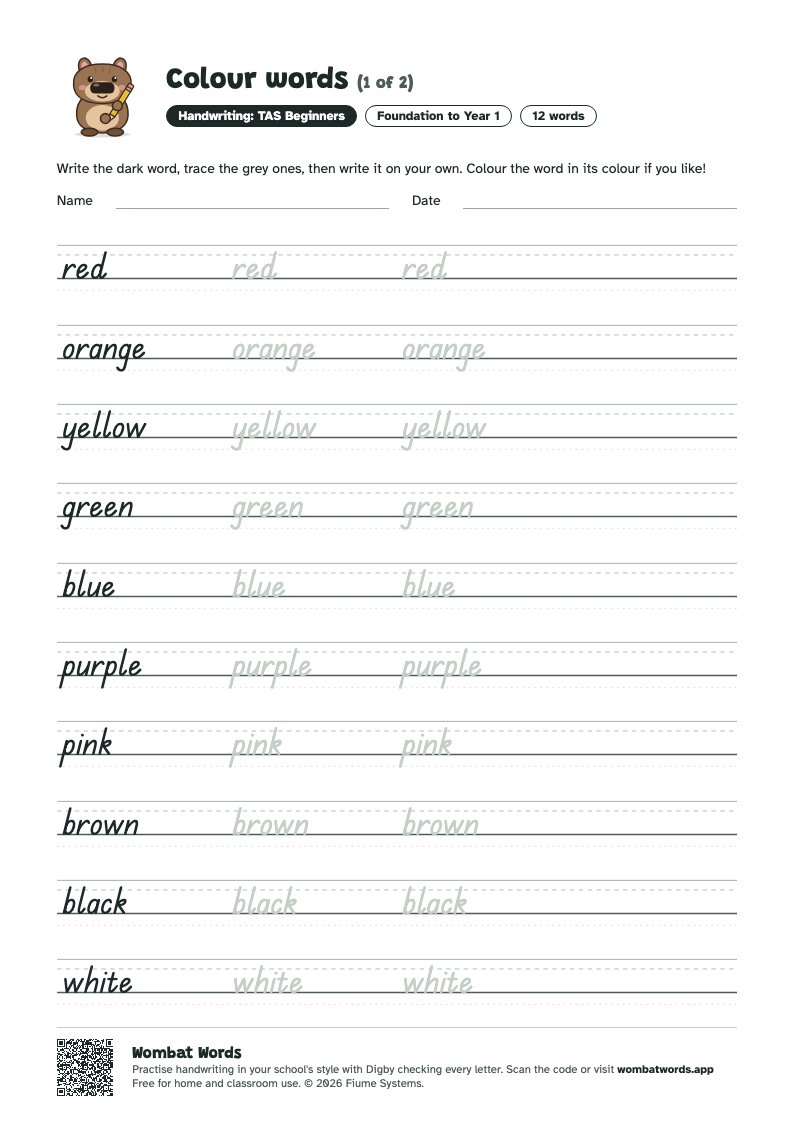 Colour words worksheet in TAS Beginners handwriting