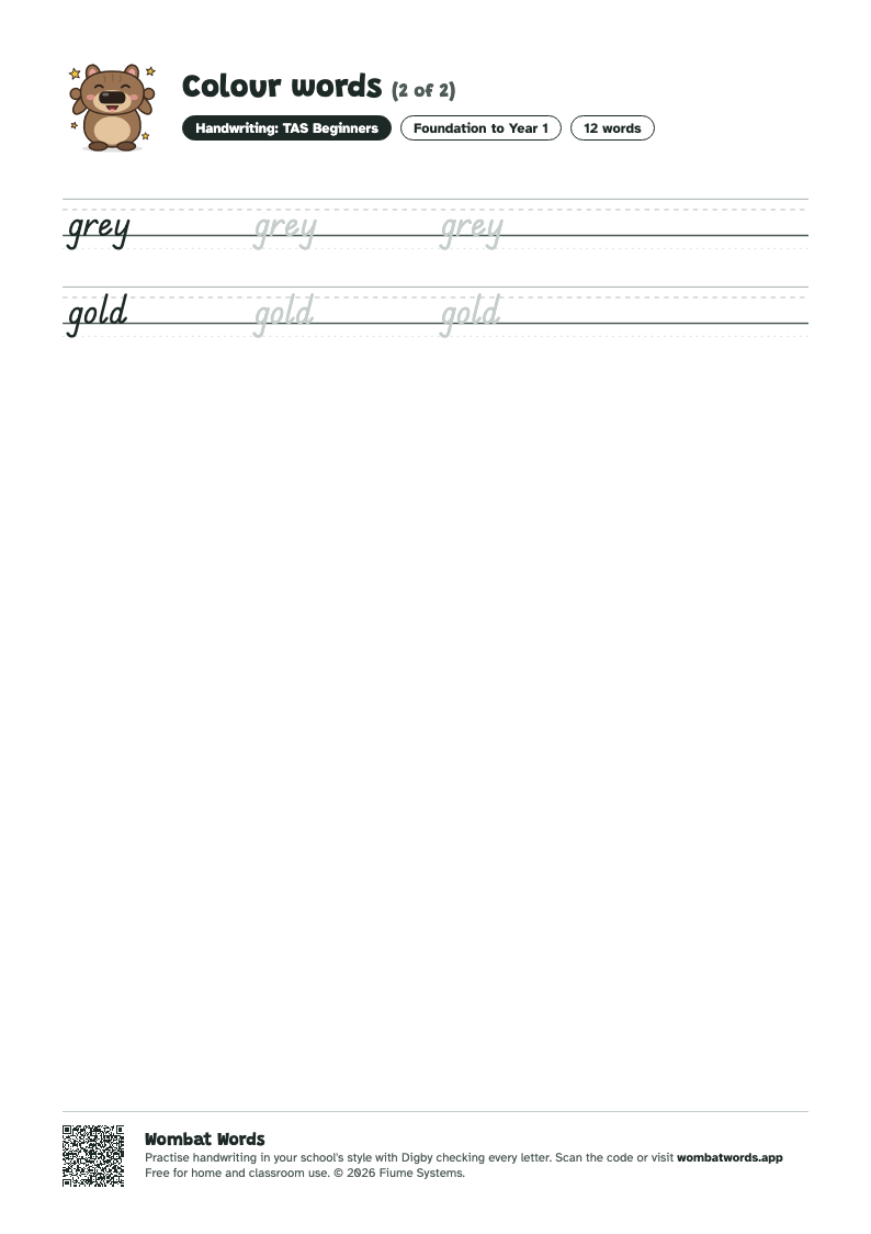 Page 2 of the Colour words worksheet