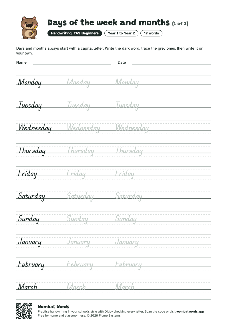 Days of the week and months worksheet in TAS Beginners handwriting