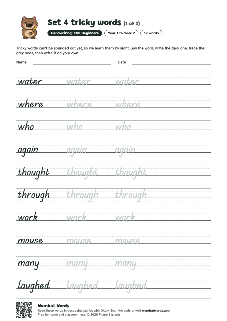 Set 4 tricky words worksheet in TAS Beginners handwriting