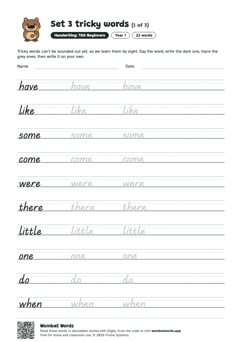 Set 3 tricky words worksheet in TAS Beginners handwriting