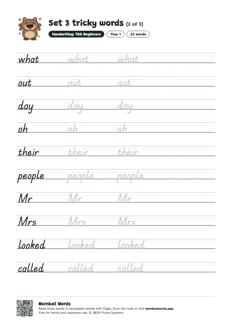 Page 2 of the Set 3 tricky words worksheet