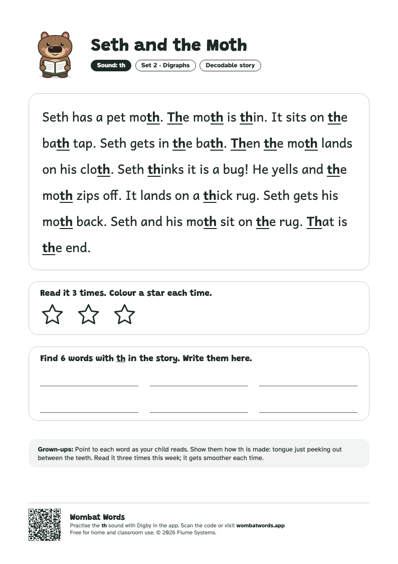 Seth and the Moth: th decodable story printable