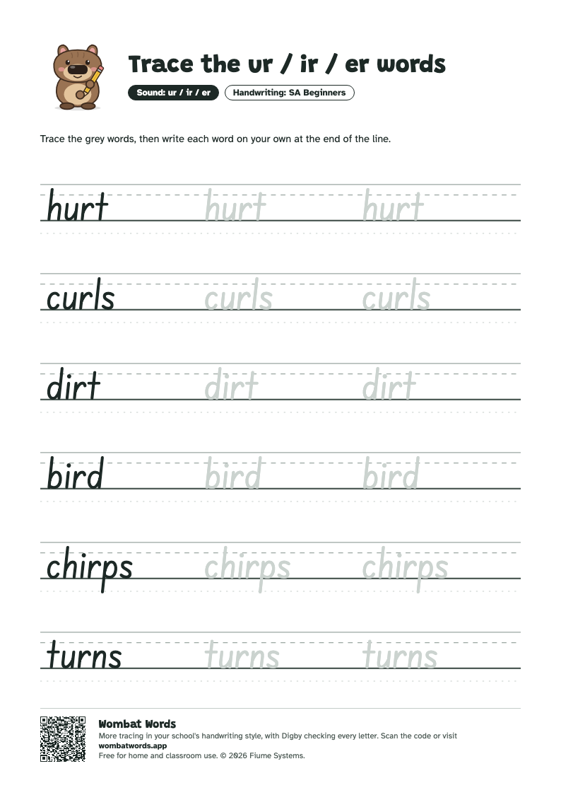 Page 2: SA Beginners tracing sheet with the words hurt, curls, dirt, bird, chirps, turns