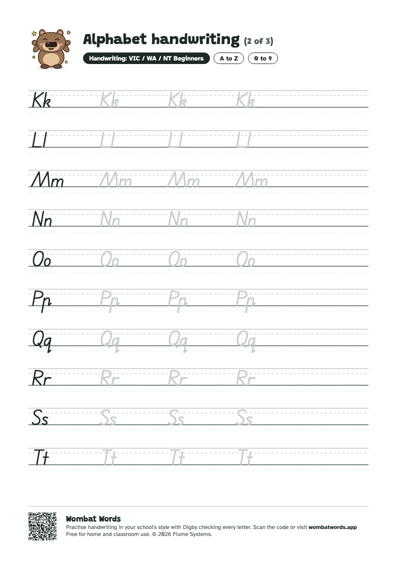 Page 2 of the Alphabet handwriting worksheet
