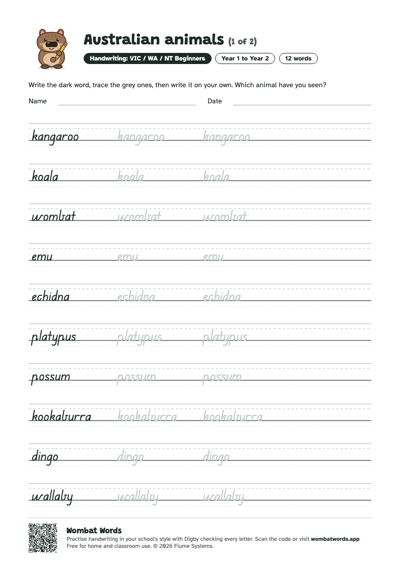 Australian animals worksheet in VIC / WA / NT Beginners handwriting