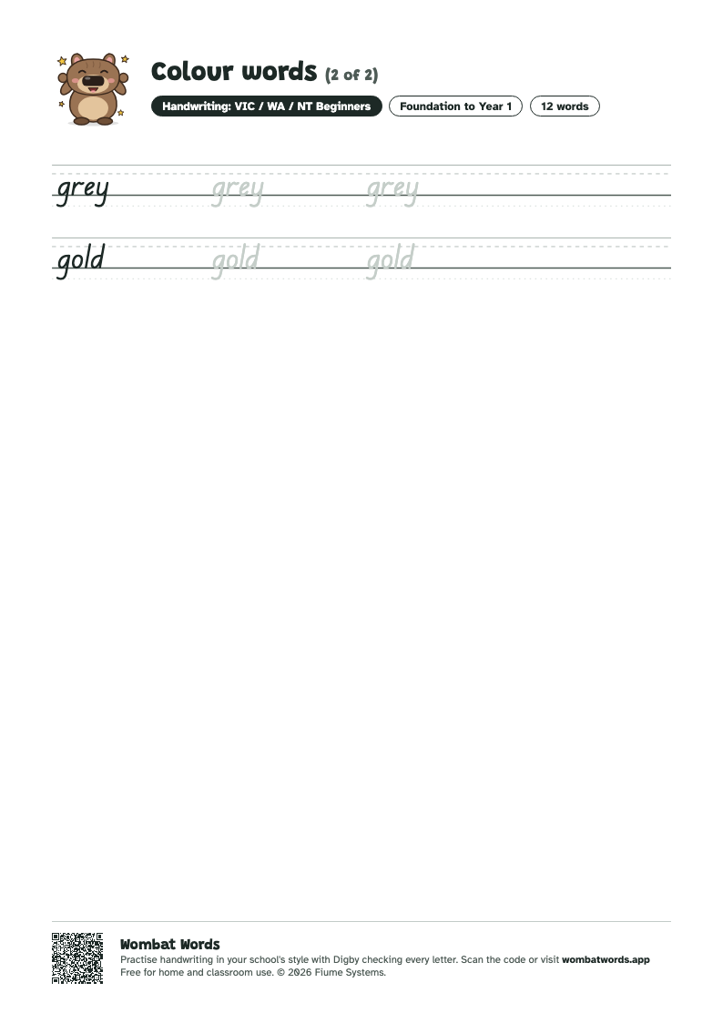 Page 2 of the Colour words worksheet