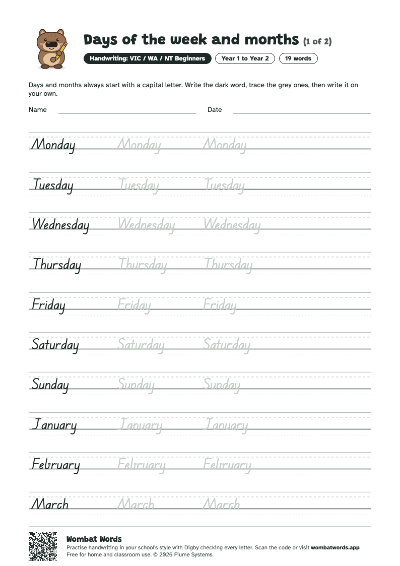 Days of the week and months worksheet in VIC / WA / NT Beginners handwriting