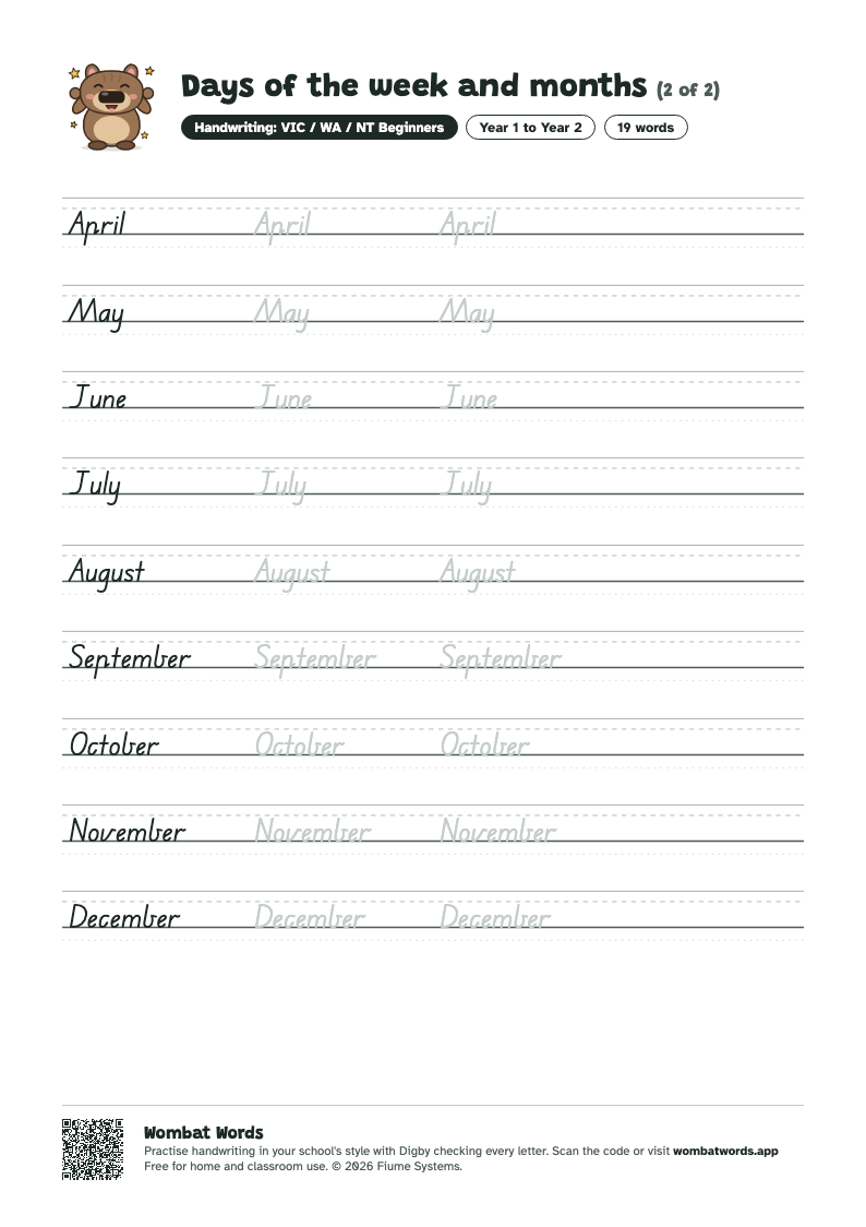 Page 2 of the Days of the week and months worksheet