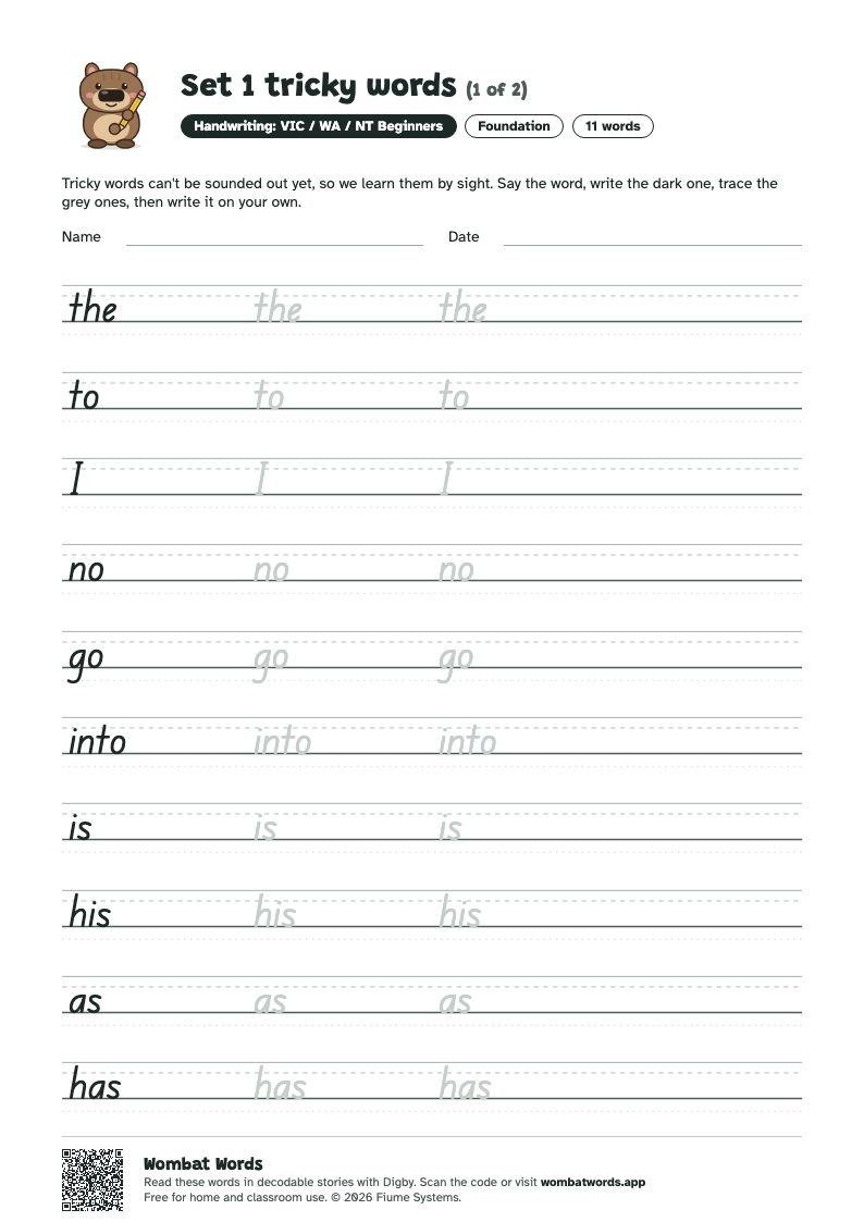 Set 1 tricky words worksheet in VIC / WA / NT Beginners handwriting