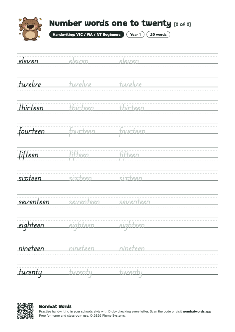 Page 2 of the Number words one to twenty worksheet