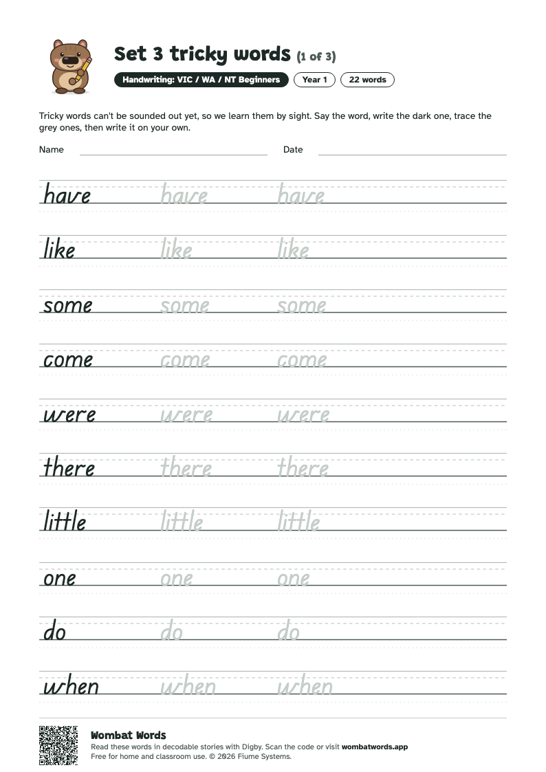 Set 3 tricky words worksheet in VIC / WA / NT Beginners handwriting