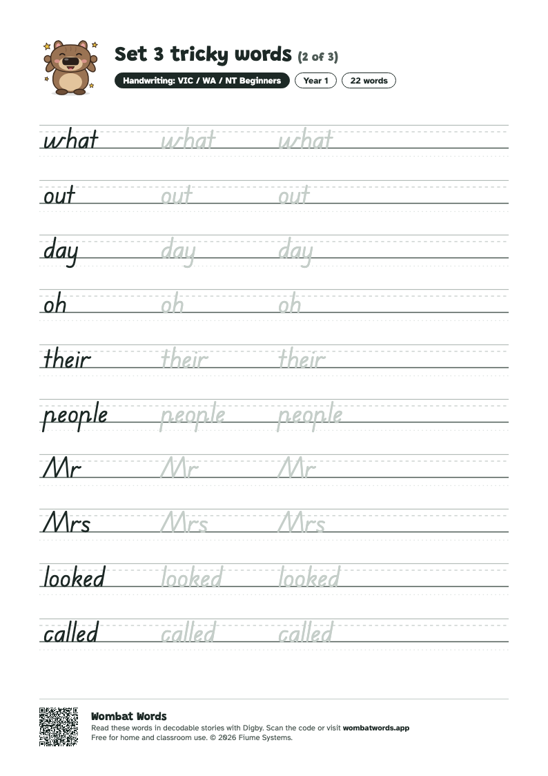 Page 2 of the Set 3 tricky words worksheet