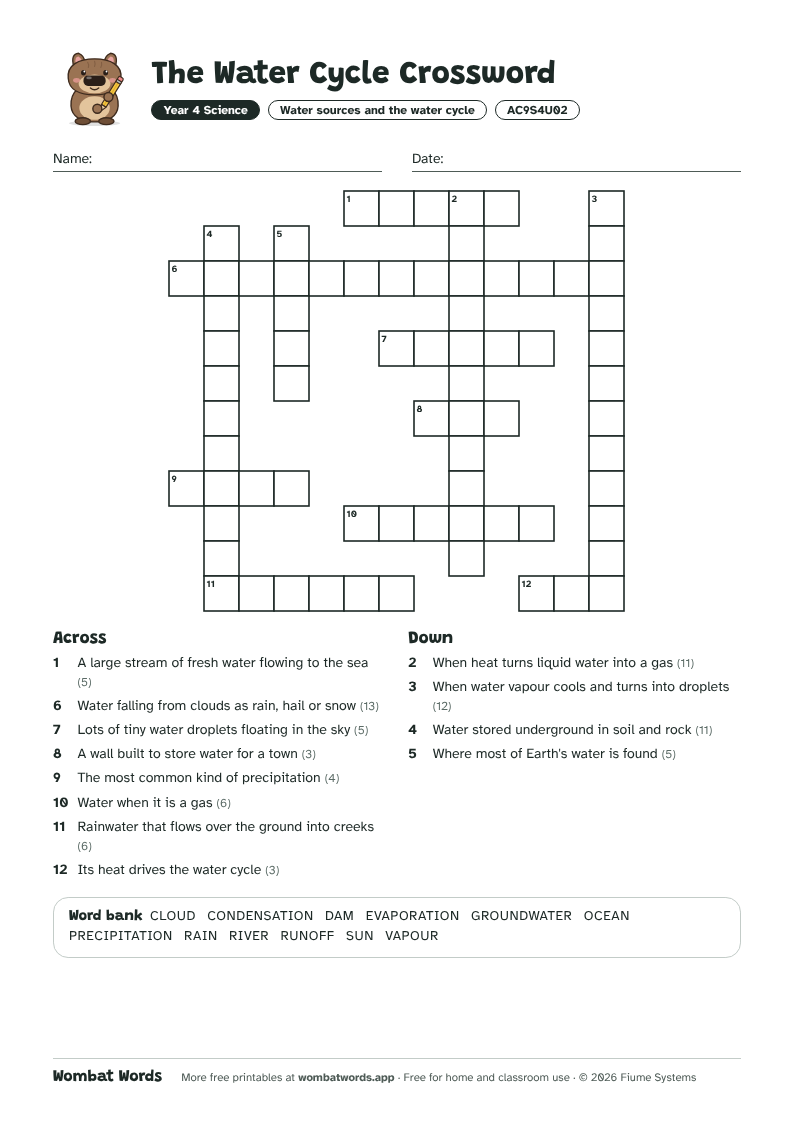 The Water Cycle crossword puzzle with across and down clues and a word bank