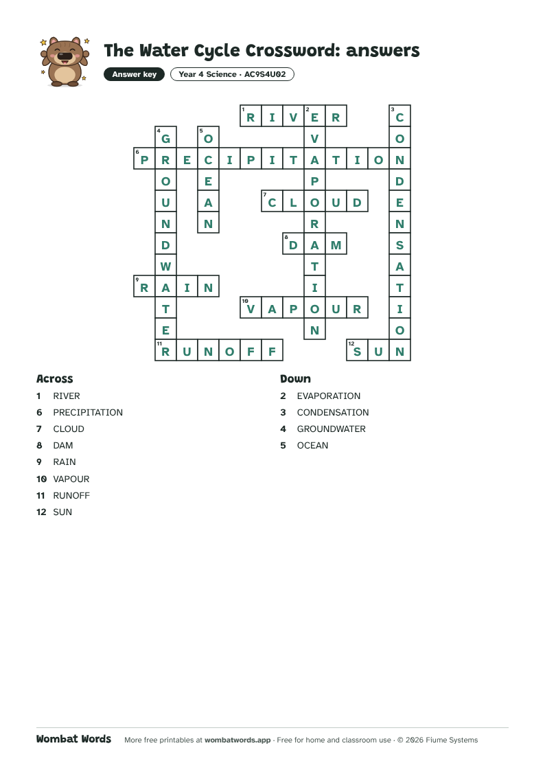 The Water Cycle crossword answer key
